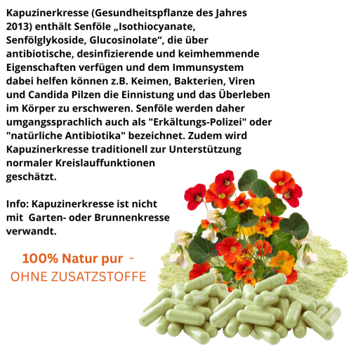 Kapuzinerkresse 720 Kapseln Immunbooster Senföle für Immunsystems & Abwehrkräfte - Immunkick & pflanzliche Selbstverteidigung auf natürlicher Basis - KEIN EXTRAKT = Natur pur. OHNE Zusatzstoffe.