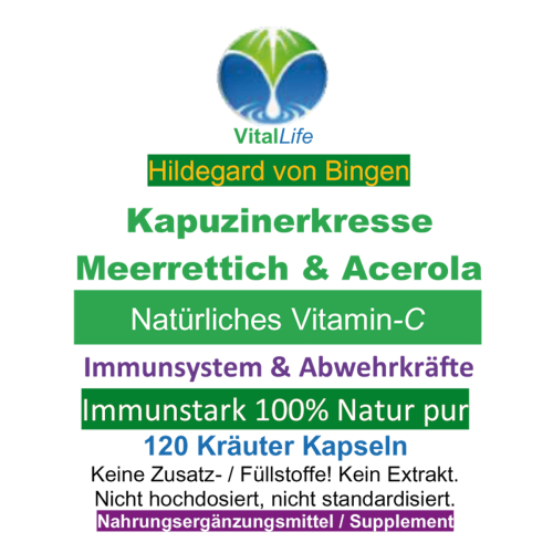 Immunstark - Kapuzinerkresse + Meerrettich + Acerola 100% NATÜRLICHES Vitamin C 120 Pulver Kapseln