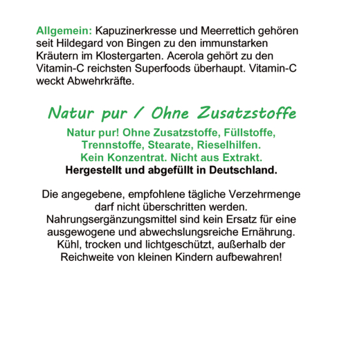 Immunstark - Kapuzinerkresse + Meerrettich + Acerola 100% NATÜRLICHES Vitamin C 120 Pulver Kapseln