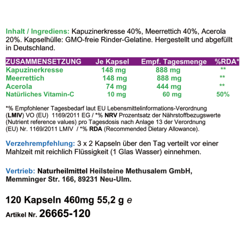 Immunstark - Kapuzinerkresse + Meerrettich + Acerola 100% NATÜRLICHES Vitamin C 120 Pulver Kapseln