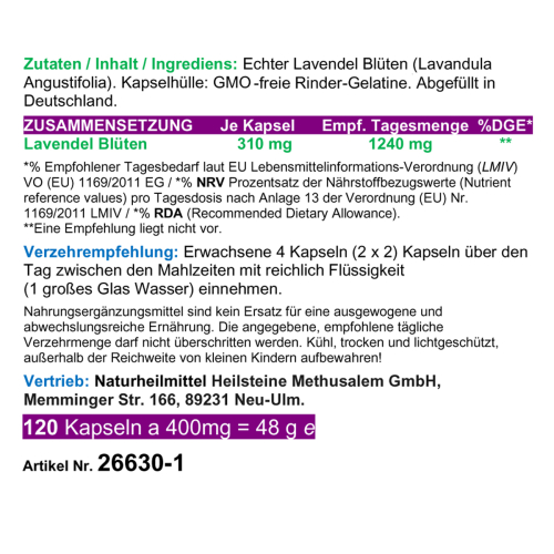 LAVENDEL pur [STRESS & NERVEN-KRAUT] 120 Blüten Pulver Kapseln nach Hildegard von Bingen für Beruhigung + Entspannung & schöner Schlaf + GUTE NACHT [ohne ZUSATZSTOFFE].