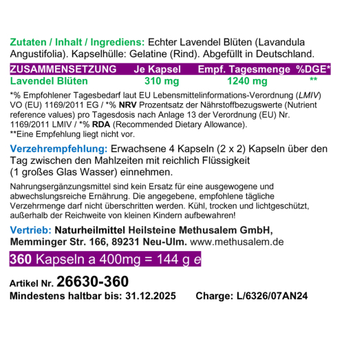 LAVENDEL pur 360 Kapseln Ruhe finden, entspannen, abschalten. Balance und Gelassenheit im Alltag & gute Nacht. Natur pur - Ohne ZUSATZSTOFFE