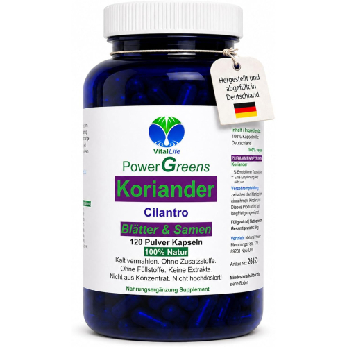 Koriander Cilantro Blätter & Samen 120 Pulver Kapseln Natur Pur KEIN Extrakt OHNE Zusatzstoffe.