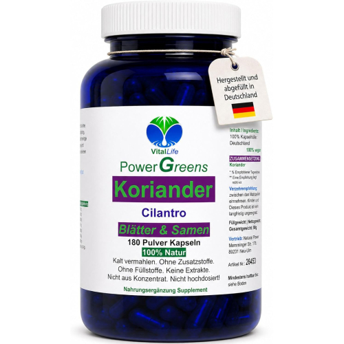 Koriander Cilantro Blätter & Samen 180 Pulver Kapseln Natur Pur KEIN Extrakt OHNE Zusatzstoffe.