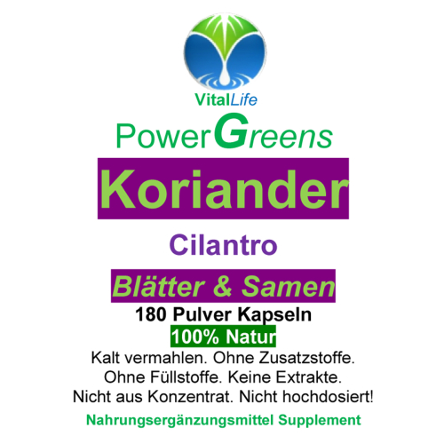 Koriander Cilantro Blätter & Samen 180 Pulver Kapseln Natur Pur KEIN Extrakt OHNE Zusatzstoffe.