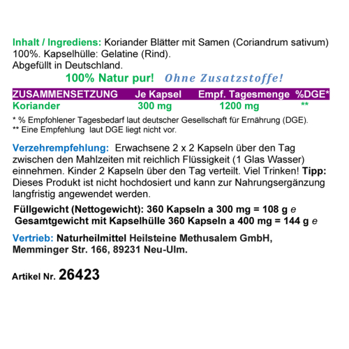 Koriander Cilantro Blätter & Samen 360 Pulver Kapseln Natur Pur KEIN Extrakt OHNE Zusatzstoffe.