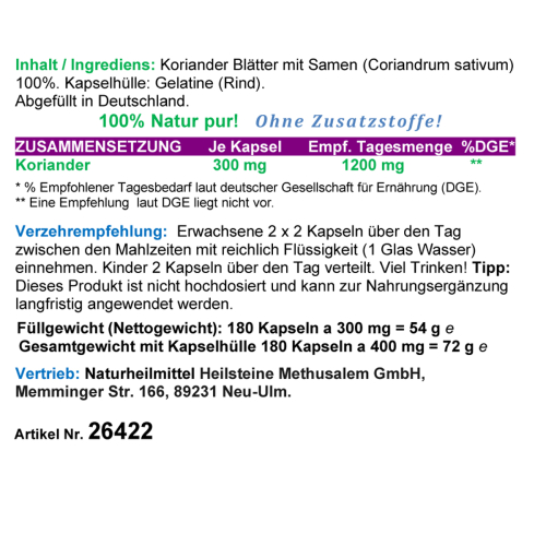 Koriander Cilantro Blätter & Samen 720 (4x180) Pulver Kapseln Natur Pur KEIN Extrakt OHNE Zusatzstoffe.