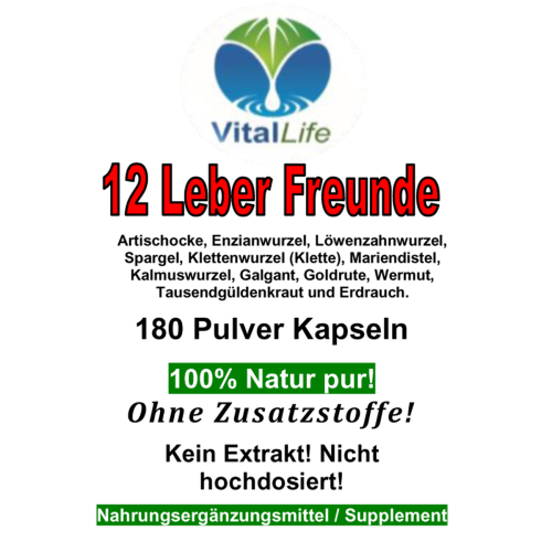 12 Leber Freunde - Leber & Galle Vital Kräuter & Bitterstoffe 180 Kapseln - NATUR pur!