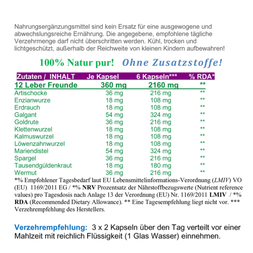 12 Leber Freunde - Leber & Galle Vital Kräuter & Bitterstoffe 180 Kapseln - NATUR pur!