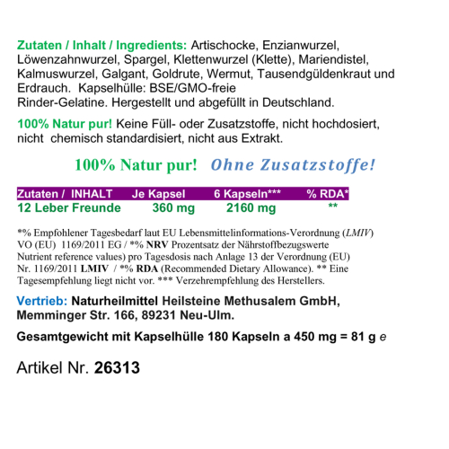 12 Leber Freunde - Leber & Galle Vital Kräuter & Bitterstoffe 180 Kapseln - NATUR pur!