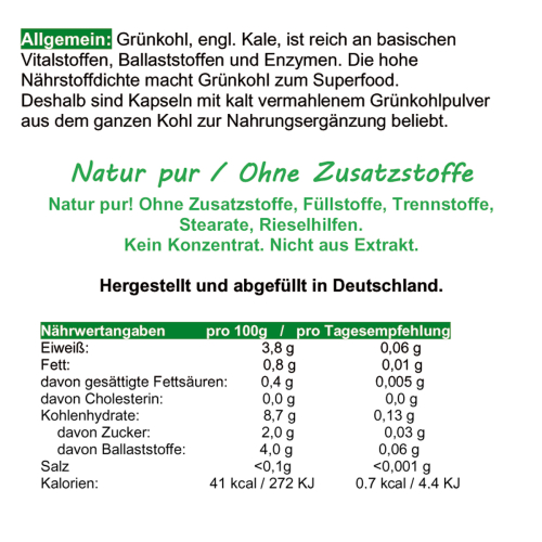 GRÜNKOHL Kale 180 Kapseln Sulforaphan Lutein ANTIOXIDANTIEN BASISCHES Superfood. 100% NATUR pur [OHNE ZUSATZSTOFFE]