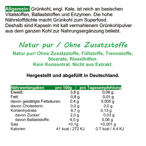 GRÜNKOHL Kale 120 Kapseln Sulforaphan Lutein ANTIOXIDANTIEN BASISCHES Superfood. 100% NATUR pur [OHNE ZUSATZSTOFFE]