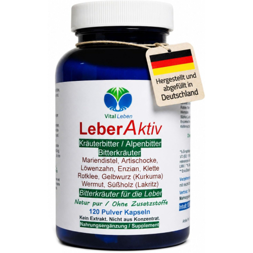 LEBER Aktiv 9-fach Komplex 120 Kapseln Bitterkräuter + Bitterstoffe mit Mariendistel Artischocke Löwenzahn Kurkuma Wermut Enzian & Klette.