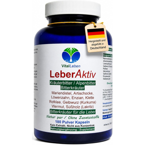 LEBER Aktiv 9-fach Komplex 180 Kapseln Bitterkräuter + Bitterstoffe mit Mariendistel Artischocke Löwenzahn Kurkuma Wermut Enzian & Klette.