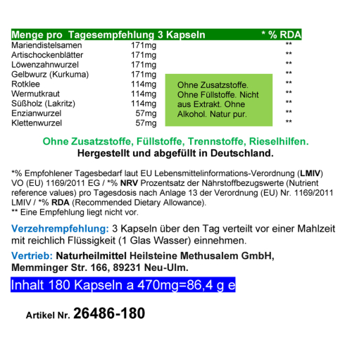 LEBER Aktiv 9-fach Komplex 720 Kapseln Bitterkräuter + Bitterstoffe mit Mariendistel Artischocke Löwenzahn Kurkuma Wermut Enzian & Klette.