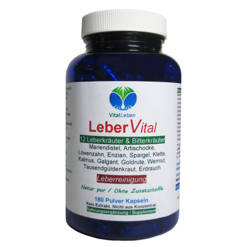 Leber Vital Komplex 12 KRÄUTER plus BITTERSTOFFE 180 Leberkapseln mit Mariendistel Artischocke Löwenzahn Enzian Klette Wermut Spargel uvm. 100% NATUR pur. OHNE Zusatzstoffe.