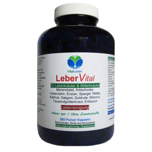 Leber Vital Komplex 12 KRÄUTER plus BITTERSTOFFE 360 Leberkapseln mit Mariendistel Artischocke Löwenzahn Enzian Klette Wermut Spargel uvm. 100% NATUR pur. OHNE Zusatzstoffe.
