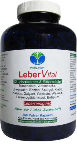 Leber Vital Komplex 360 Leberkapseln 12 Kräuter plus Bitterstoffe mit Mariendistel, Artischocke, Löwenzahn, Enzian, Spargel, Klette, Erdrauch, Kalmus, Galgant, Goldrute, Wermut und Tausendgüldenkraut. 100% NATUR pur. OHNE Zusatzstoffe.