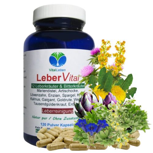 Leber Vital Komplex 12 KRÄUTER plus BITTERSTOFFE 120 Leberkapseln mit Mariendistel Artischocke Löwenzahn Enzian Klette Wermut Spargel uvm. 100% NATUR pur. OHNE Zusatzstoffe.