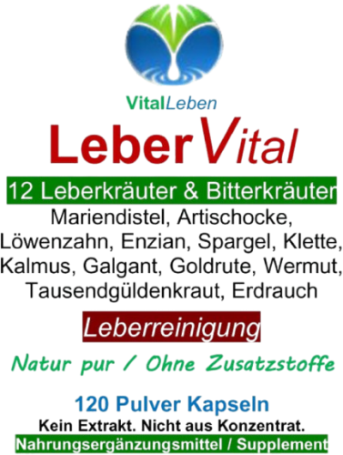 Leber Vital Komplex 120 Leberkapseln 12 Kräuter plus Bitterstoffen mit Mariendistel, Artischocke, Löwenzahn, Enzian, Spargel, Klette, Erdrauch, Kalmus, Galgant, Goldrute, Wermut und Tausendgüldenkraut. 100% NATUR pur. OHNE Zusatzstoffe.