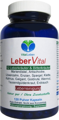 Leber Vital Komplex 120 Leberkapseln 12 Kräuter plus Bitterstoffen mit Mariendistel, Artischocke, Löwenzahn, Enzian, Spargel, Klette, Erdrauch, Kalmus, Galgant, Goldrute, Wermut und Tausendgüldenkraut. 100% NATUR pur. OHNE Zusatzstoffe.