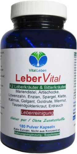 Leber Vital Komplex 720 (4x180) Leberkapseln 12 Kräuter plus Bitterstoffe mit Mariendistel, Artischocke, Löwenzahn, Enzian, Spargel, Klette, Erdrauch, Kalmus, Galgant, Goldrute, Wermut und Tausendgüldenkraut. 100% NATUR pur. OHNE Zusatzstoffe.