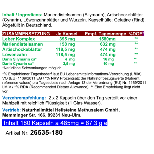 Leber Komplex Leber Galle Fettverdauung 720 Kräuter Kapseln