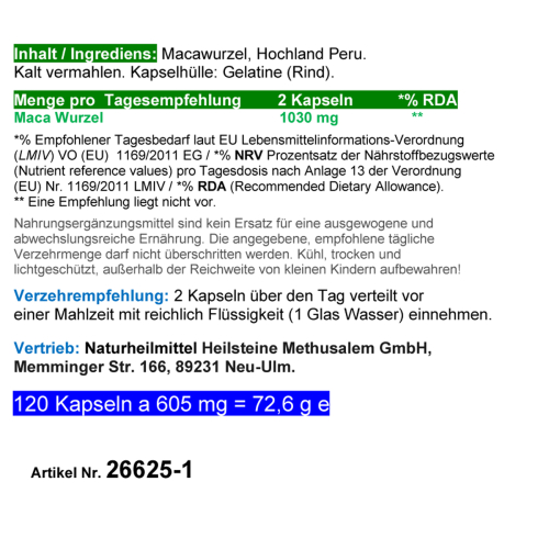 Maca Power Peru Ginseng für Mann & Frau 120 Pulver Kapseln