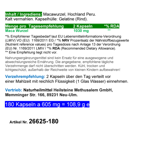 Maca Power Peru Ginseng für Mann & Frau 180 Pulver Kapseln