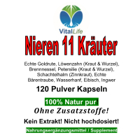 Nieren Kräuter in Kapseln zur Nahrungsergänzung mit Goldrute, Löwenzahnwurzel, Löwenzahnblätter, Brennnessel, Petersilienkraut, Petersilienwurzel, Schachtelhalm (Zinnkraut), Bärentraube, Wasserhanf, Eibisch, Ingwer (Ohne Zusatzstoffe).