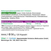 Nieren Kräuter in Kapseln zur Nahrungsergänzung mit Goldrute, Löwenzahnwurzel, Löwenzahnblätter, Brennnessel, Petersilienkraut, Petersilienwurzel, Schachtelhalm (Zinnkraut), Bärentraube, Wasserhanf, Eibisch, Ingwer (Ohne Zusatzstoffe).