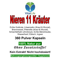 Nieren Kräuter in Kapseln zur Nahrungsergänzung mit Goldrute, Löwenzahnwurzel, Löwenzahnblätter, Brennnessel, Petersilienkraut, Petersilienwurzel, Schachtelhalm (Zinnkraut), Bärentraube, Wasserhanf, Eibisch, Ingwer (Ohne Zusatzstoffe).