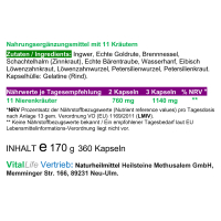Nieren Kräuter in Kapseln zur Nahrungsergänzung mit Goldrute, Löwenzahnwurzel, Löwenzahnblätter, Brennnessel, Petersilienkraut, Petersilienwurzel, Schachtelhalm (Zinnkraut), Bärentraube, Wasserhanf, Eibisch, Ingwer (Ohne Zusatzstoffe).