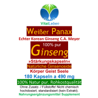 KOREA weißer PANAX GINSENG C.A. Meyer 720 Pulver Kapseln. OHNE ZUSATZSTOFFE 100 % Natur pur ca. 20 % Ginsenoside. Traditionell geschätzt für Vitalität, Fokus & Ausdauer.