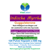 GUGGUL Indische MYRRHE 120 Kapseln - Ayurveda Guggulsterone EXTRA fein - Commiphora Mukul Premium Qualität. 100% NATUR PUR [OHNE ZUSATZSTOFFE - OHNE FÜLLSTOFFE]