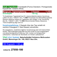 GRANATAPFEL 180 Kapseln Saft & Kerne 40% MEGA ANTIOXIDANTIEN, Ellagsäure, Polyphenole uvm. Natürliches MULTI-Vitamin-Mineral SUPERFOOD. KEIN EXTRAKT. KEIN SAFTPULVER. Nicht künstlich hochdosiert. 100% Natur pur. OHNE ZUSATZSTOFFE.