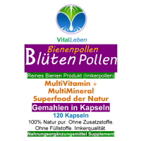BLÜTENPOLLEN Bienenpollen 120 Pulver Kapseln SUPERFOOD - OHNE ZUSATZSTOFFE - natürliche Vitamine, Mineralien & Antioxidantien. Beste Imkerpollen, Imkerqualität. Kalt vermahlen. 100% NATUR pur.
