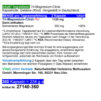 Magnesium Citrat 360 Pulver Kapseln organisches PREMIUM TRI-MAGNESIUMCITRAT. Elementar. OHNE ZUSATZSTOFFE. Schnelle Aufnahme. HOHE BIOVERFÜGBARKEIT. Nie mehr Magnesiummangel ►Dein täglicher Helfer für Muskeln, Nerven, Energie, weniger Müdigkeit.