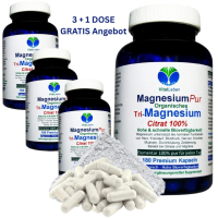 Magnesium Citrat 720 (4x180) Pulver Kapseln organisches PREMIUM TRI-MAGNESIUMCITRAT. Elementar. OHNE ZUSATZSTOFFE. Schnelle Aufnahme. HOHE BIOVERFÜGBARKEIT. 3+1 Dose GRATIS.