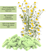 Echte KAMILLE Kamillenblüten 180 Kapseln - MAGEN & DARM Adaptogen + SeelenKraut für ENTSPANNUNG - KEIN EXTRAKT- Nicht HOCHDOSIERT - 100% Chamomilla NATUR PUR - OHNE ZUSATZSTOFFE.