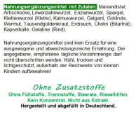12 ausgewählte Kräuter & Bitterstoffe. Harmonisch abgestimmt mit Mariendistel, Artischocke, Löwenzahn, Enzian, Spargel, Klette, Erdrauch, Kalmus, Galgant, Goldrute, Wermut und Tausendgüldenkraut + CHOLIN.