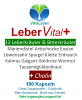 12 ausgewählte Kräuter & Bitterstoffe. Harmonisch abgestimmt mit Mariendistel, Artischocke, Löwenzahn, Enzian, Spargel, Klette, Erdrauch, Kalmus, Galgant, Goldrute, Wermut und Tausendgüldenkraut + CHOLIN.