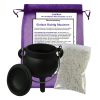 Räuchergefäß Smudge Bowl Hexenkessel Zauberkessel ca. 500g (7x10cm) für jedes Räucherwerk 4-TLG Räucherset + ZUBEHÖR + Stoffbeutel