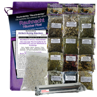 Rauhnächte räuchern 18-tlg Ritualset 12x Kräuter, Wurzeln, Weihrauch, Salbei, Myrrhe, Styrax, Räucherzubehör, Beschreibung, Täschchen.