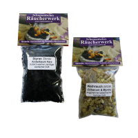 Rauhnächte räuchern 18-tlg Ritualset 12x Kräuter, Wurzeln, Weihrauch, Salbei, Myrrhe, Styrax, Räucherzubehör, Beschreibung, Täschchen.