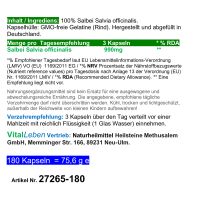 SALBEI 180 Kapseln - Natürliche Hilfe bei Schwitzen, Hitzewallungen, Nachtschweiß, Blähungen. 100% NATUR pur - NICHT aus EXTRAKT! Nicht künstlich hochdosiert! [OHNE ZUSATZSTOFFE]