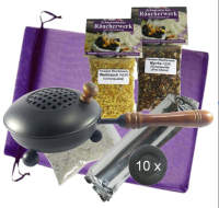 Räucherpfanne 7-tlg Räucherset Starterset 9cm Ø Weihrauchbrenner Räuchergefäß mit Weihrauch & Myrrhe