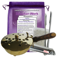 Räucherpfanne Weihrauchbrenner 9cm Ø Räuchergefäß Messing 6-tlg Set zum räuchern für Weihrauch und jedes Räucherwerk mit Räucherzange und Zubehör