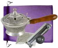 Räucherpfanne Weihrauchbrenner 8cm Ø Räuchergefäß Messing (versilbert) massive Handarbeit. 5-tlg Räucherset zum räuchern für Räucherwerk, Weihrauch etc.