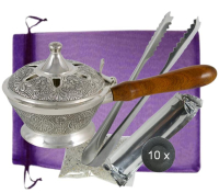 Räucherpfanne Weihrauchbrenner 8cm Ø Räuchergefäß Messing (versilbert) massive Handarbeit 6-tlg Set zum räuchern für Weihrauch und jedes Räucherwerk mit Räucherzange und Zubehör